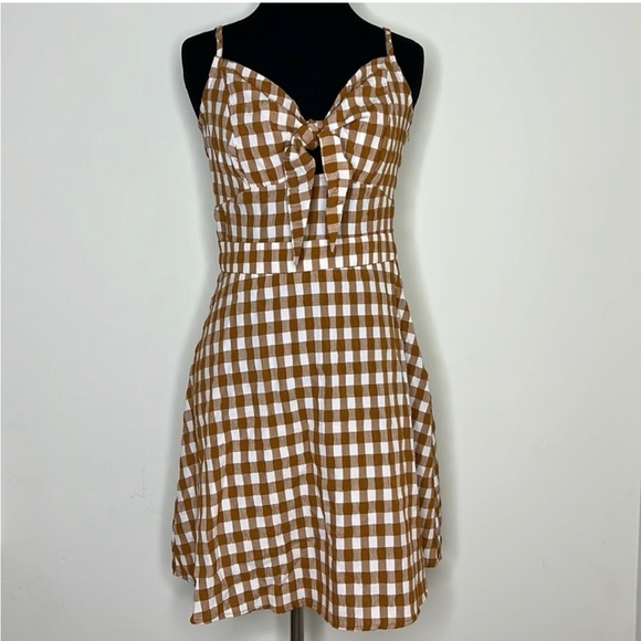 ONLY Brown/Tan/White Checkered Keyhole Dress 38 - Picture 1 of 4